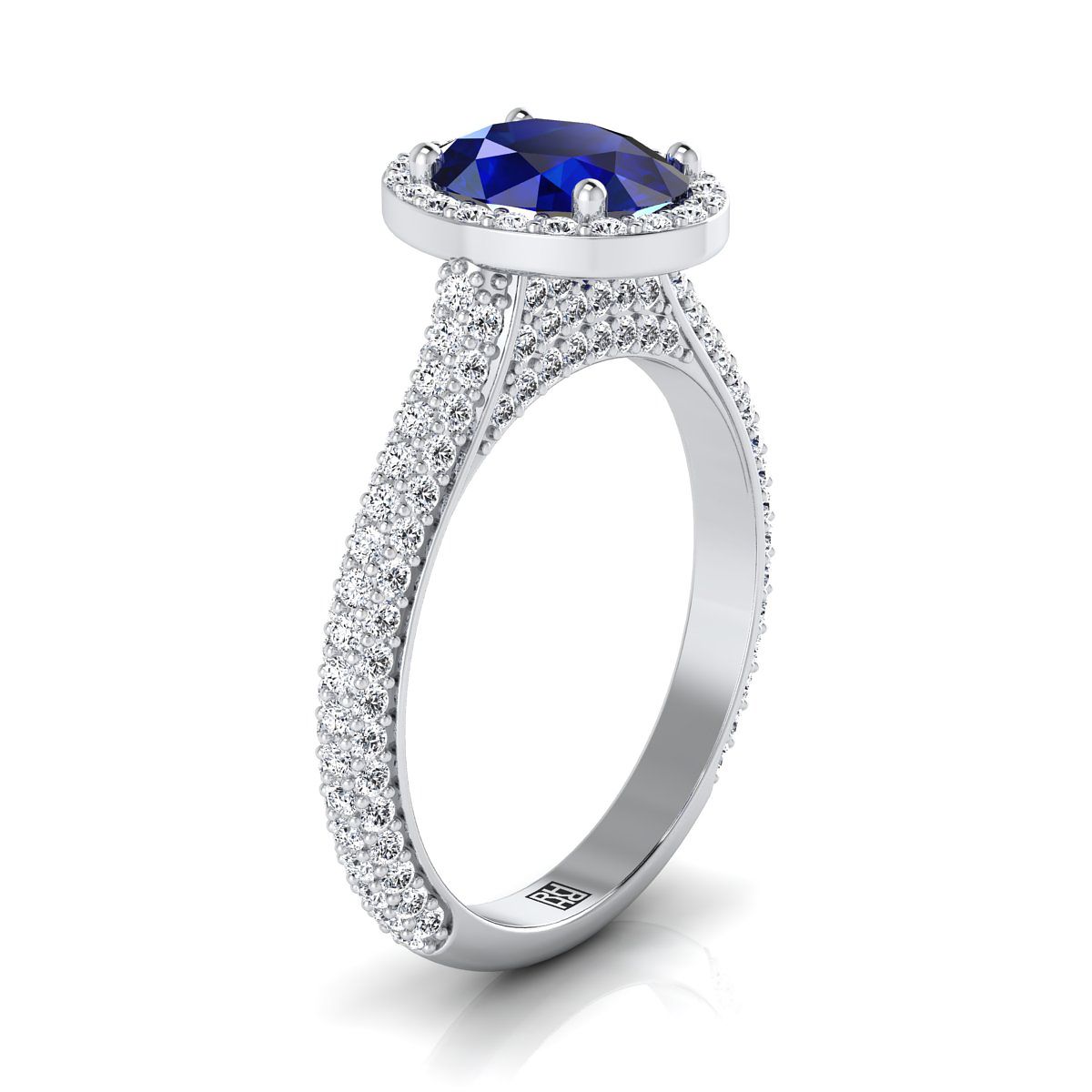 Platinum Oval Sapphire Micro-Pavé Halo With Pave Side Diamond Engagement Ring -7/8ctw