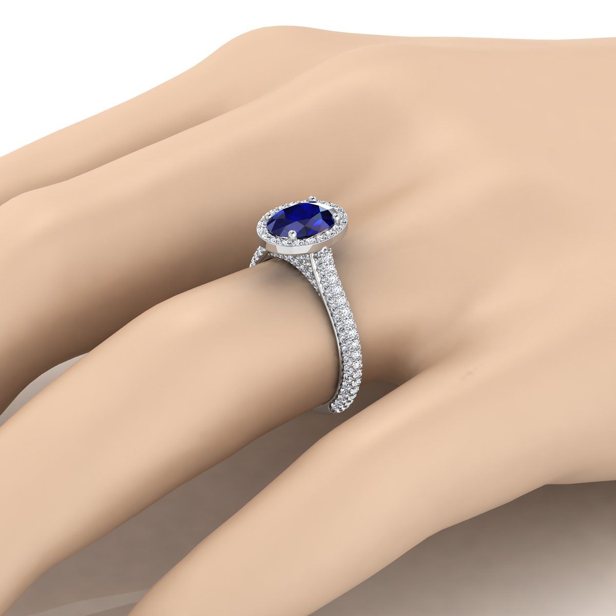 Platinum Oval Sapphire Micro-Pavé Halo With Pave Side Diamond Engagement Ring -7/8ctw