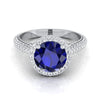 Platinum Round Brilliant Sapphire Micro-Pavé Halo With Pave Side Diamond Engagement Ring -7/8ctw