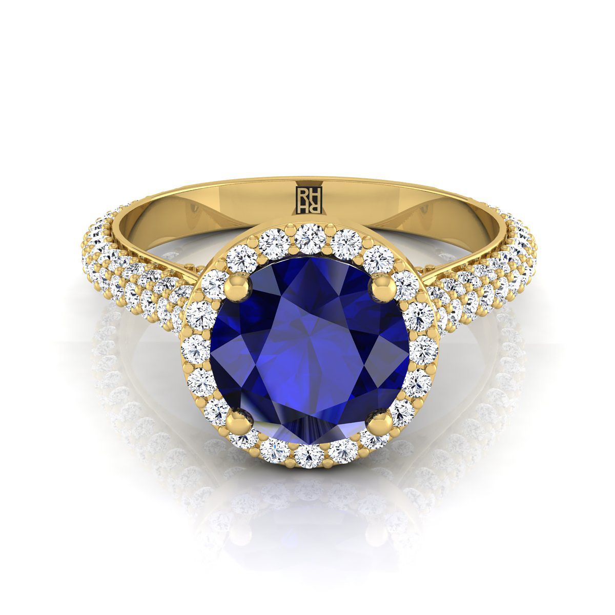 14K สีเหลืองทอง Round Brilliant Sapphire Micro-Pavé Halo พร้อมแหวนหมั้นเพชรด้านข้างปู -7/8ctw