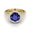 14K สีเหลืองทอง Round Brilliant Sapphire Micro-Pavé Halo พร้อมแหวนหมั้นเพชรด้านข้างปู -7/8ctw