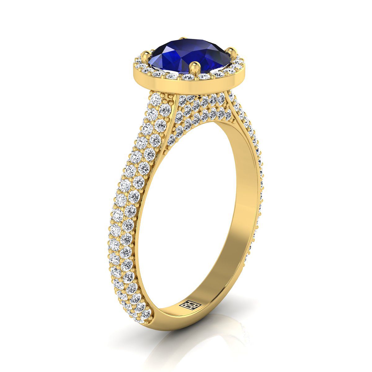 14K สีเหลืองทอง Round Brilliant Sapphire Micro-Pavé Halo พร้อมแหวนหมั้นเพชรด้านข้างปู -7/8ctw