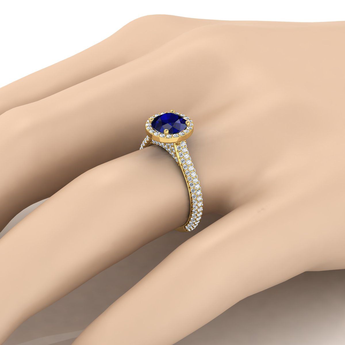 14K สีเหลืองทอง Round Brilliant Sapphire Micro-Pavé Halo พร้อมแหวนหมั้นเพชรด้านข้างปู -7/8ctw