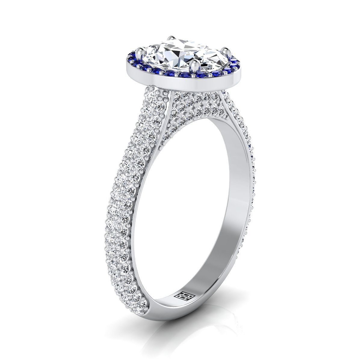 18K White Gold Oval Micro-Pavé Halo With Pave Side Diamond Engagement Ring -7/8ctw