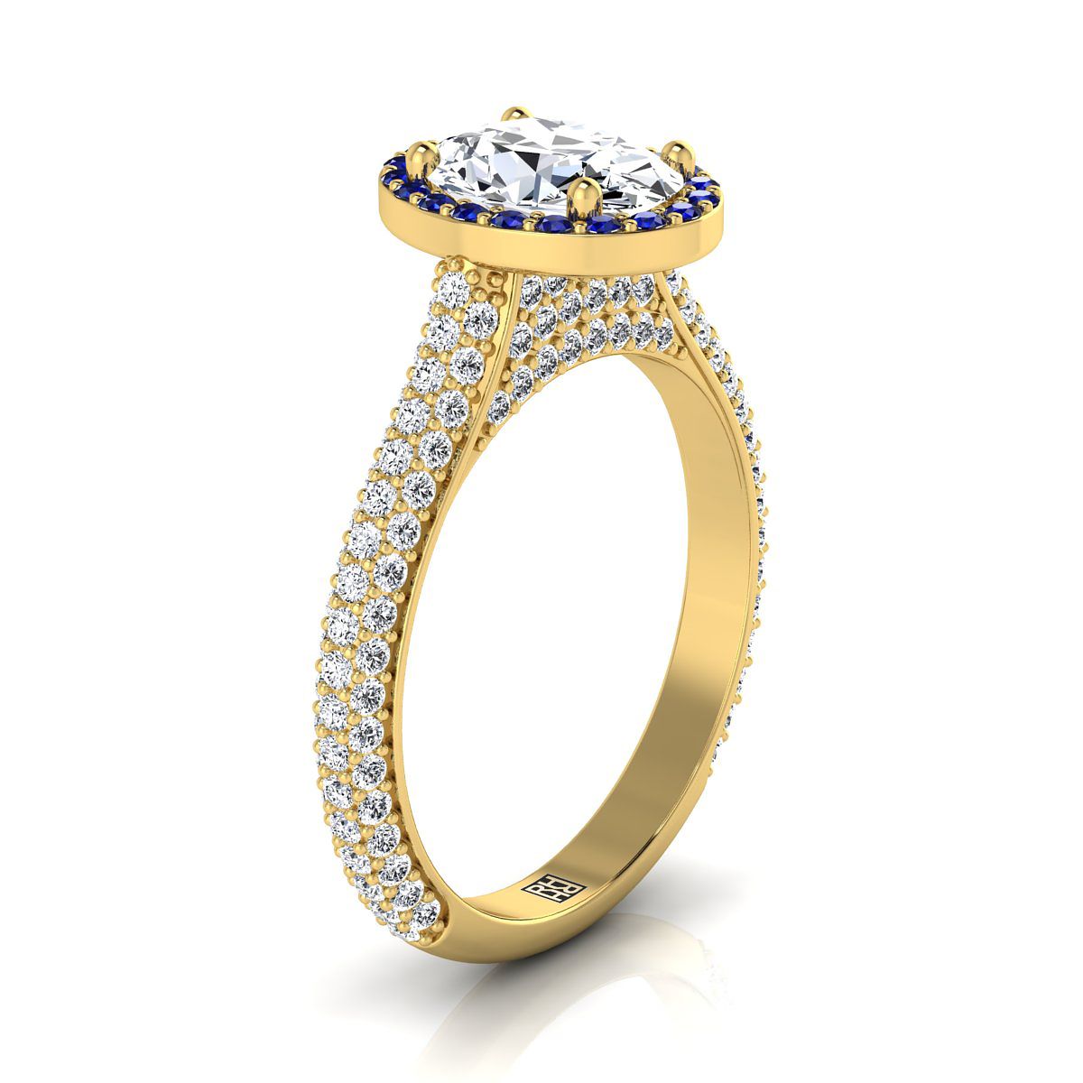 18K Yellow Gold Oval  Micro-Pavé Halo With Pave Side Diamond Engagement Ring -7/8ctw