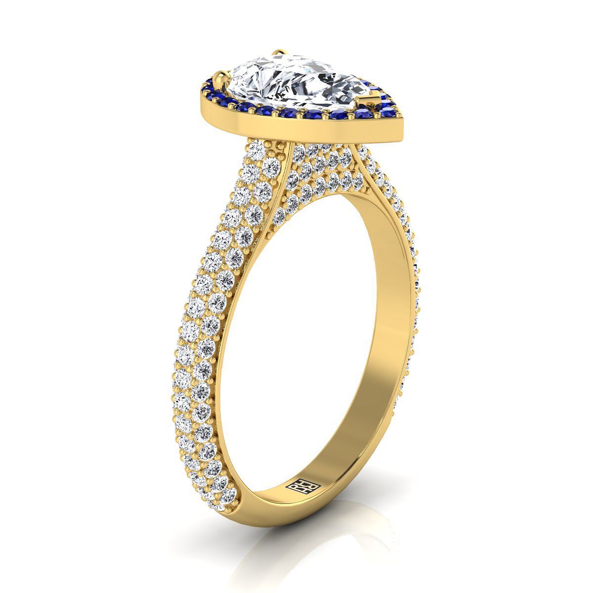 14K Yellow Gold Pear Shape Center Micro-Pavé Halo With Pave Side Diamond Engagement Ring -7/8ctw