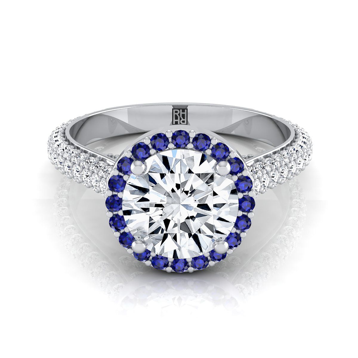 14K White Gold Round Brilliant Micro-Pavé Halo With Pave Side Diamond Engagement Ring -7/8ctw