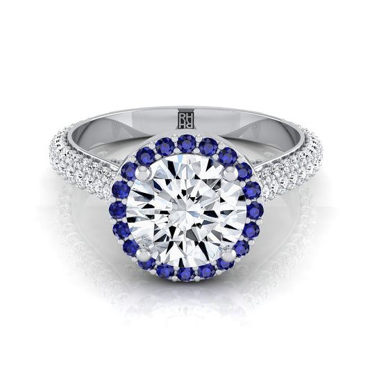 14K White Gold Round Brilliant Micro-Pavé Halo With Pave Side Diamond Engagement Ring -7/8ctw