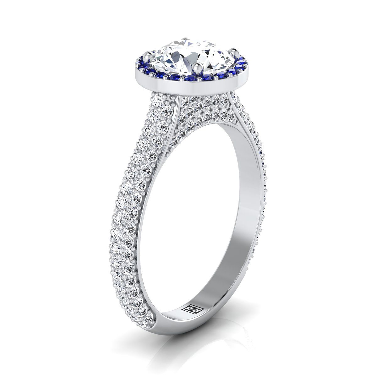 18K White Gold Round Brilliant Micro-Pavé Halo With Pave Side Diamond Engagement Ring -7/8ctw