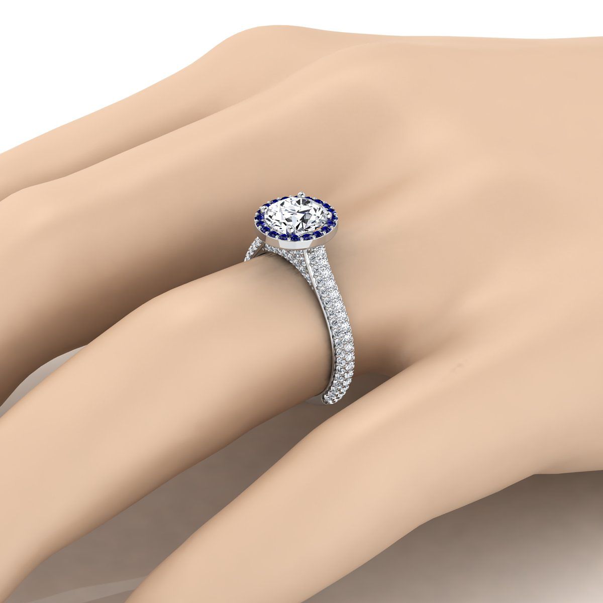 18K White Gold Round Brilliant Micro-Pavé Halo With Pave Side Diamond Engagement Ring -7/8ctw