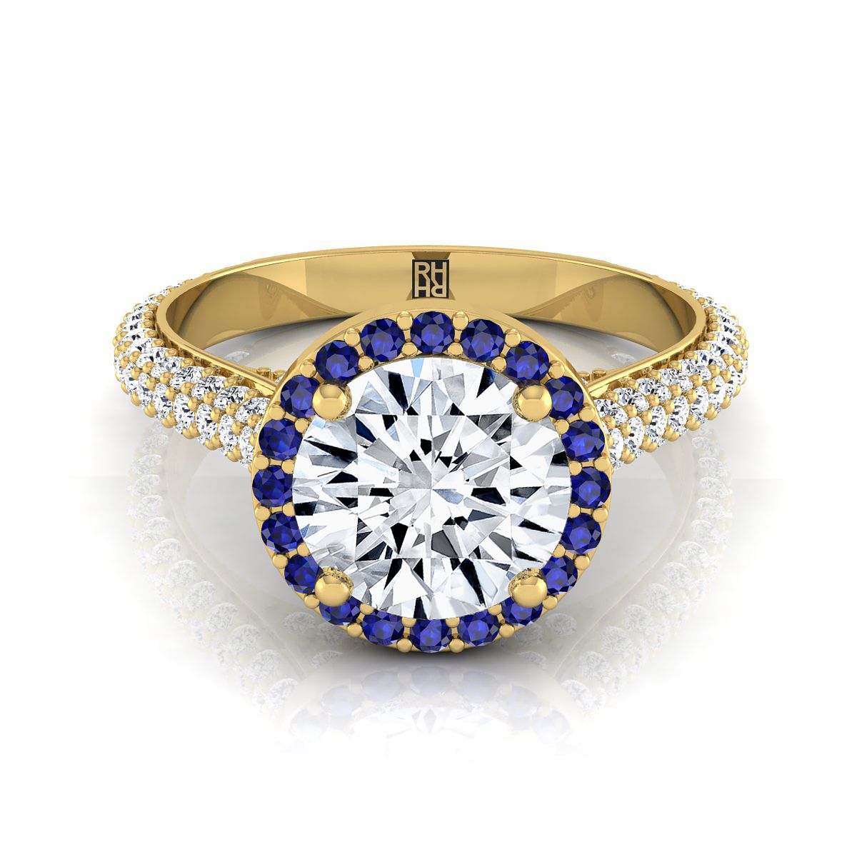 14K Yellow Gold Round Brilliant  Micro-Pavé Halo With Pave Side Diamond Engagement Ring -7/8ctw