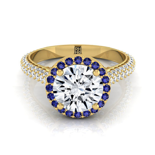 14K Yellow Gold Round Brilliant  Micro-Pavé Halo With Pave Side Diamond Engagement Ring -7/8ctw
