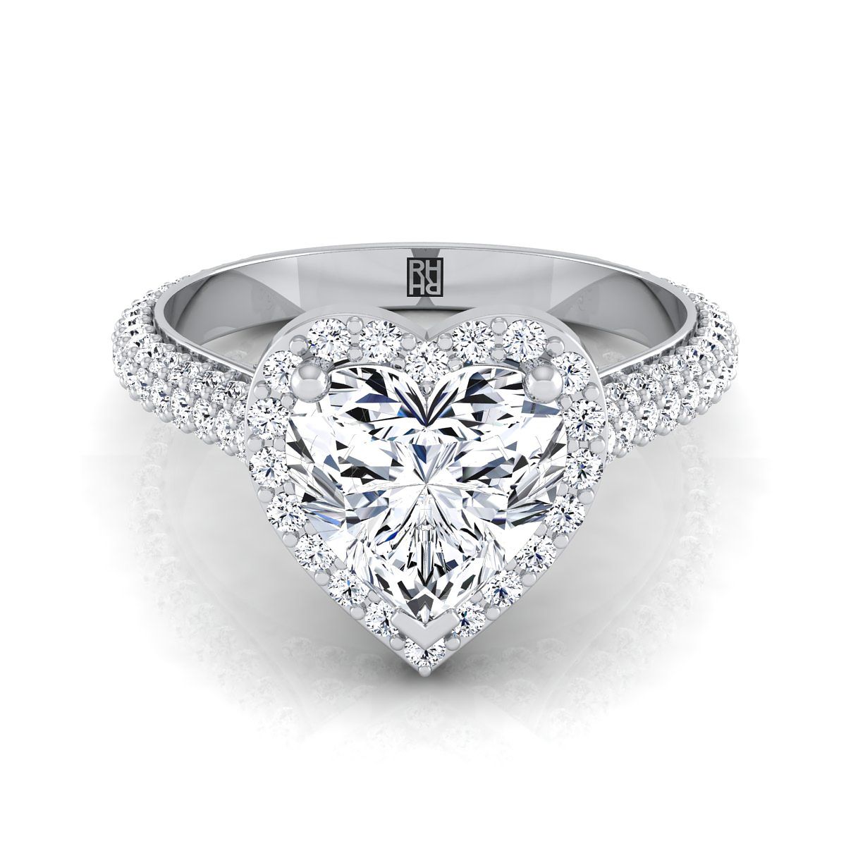 Platinum Heart Shape Center Diamond Micro-Pavé Halo Engagement Ring -7/8ctw