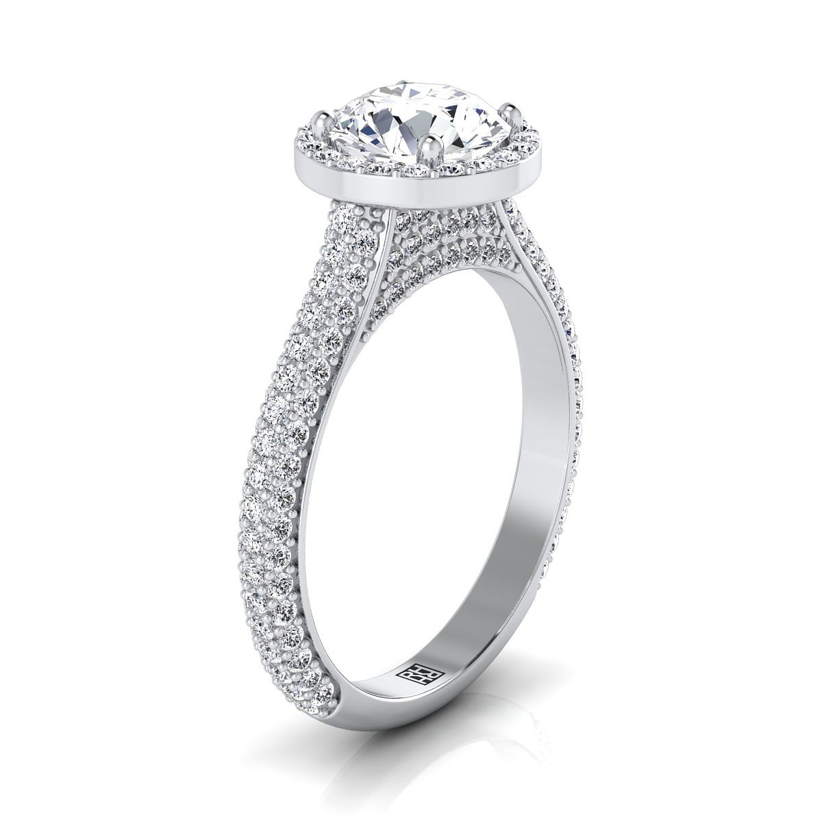 14K White Gold Round Brilliant Diamond Micro-Pavé Halo Engagement Ring -7/8ctw