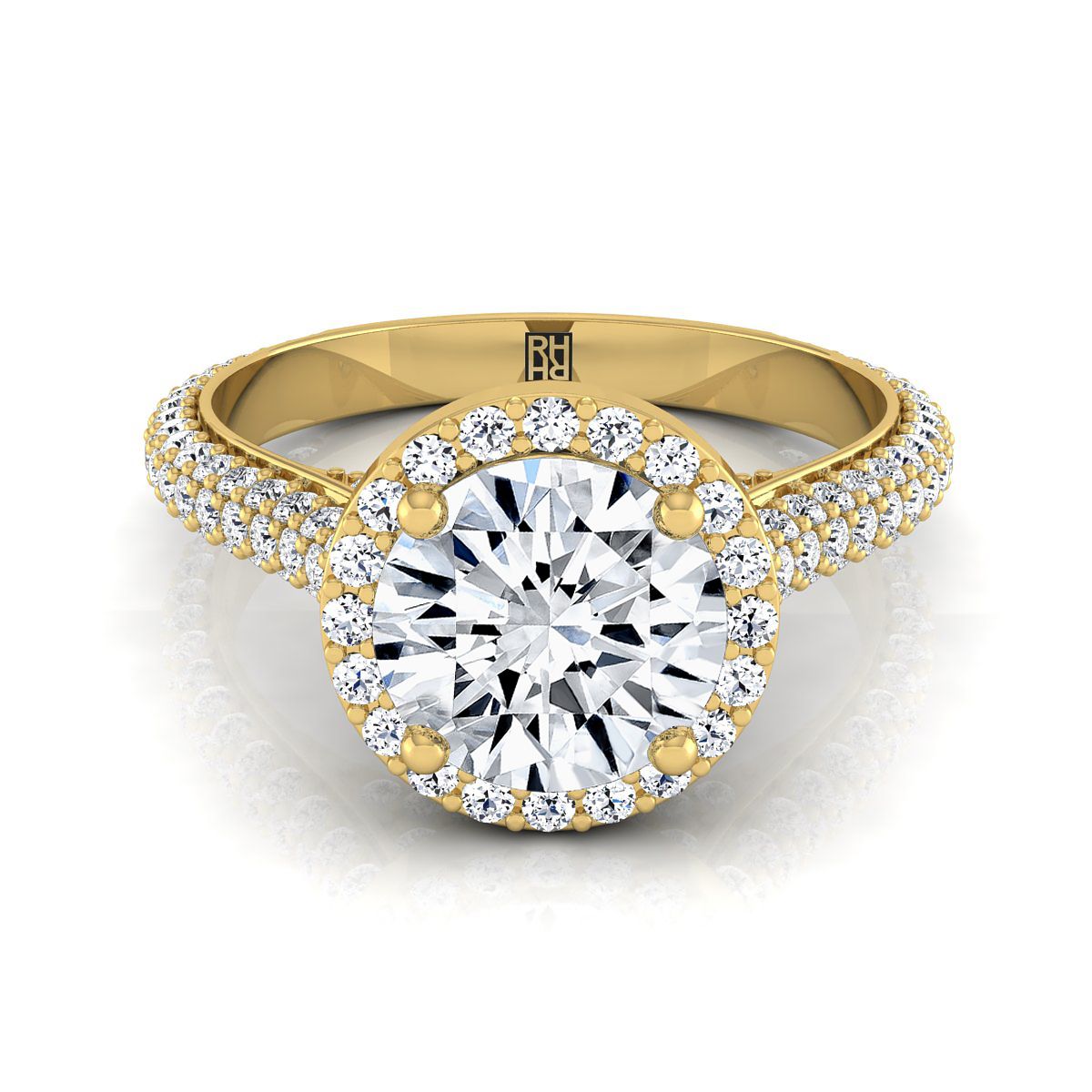 14K Yellow Gold Round Brilliant Diamond Micro-Pavé Halo Engagement Ring -7/8ctw