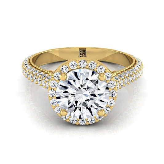 18K Yellow Gold Round Brilliant Diamond Micro-Pavé Halo Engagement Ring -7/8ctw