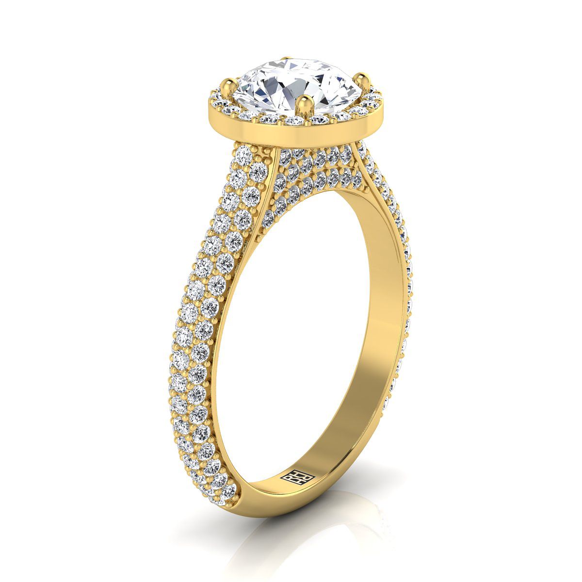 14K Yellow Gold Round Brilliant Diamond Micro-Pavé Halo Engagement Ring -7/8ctw