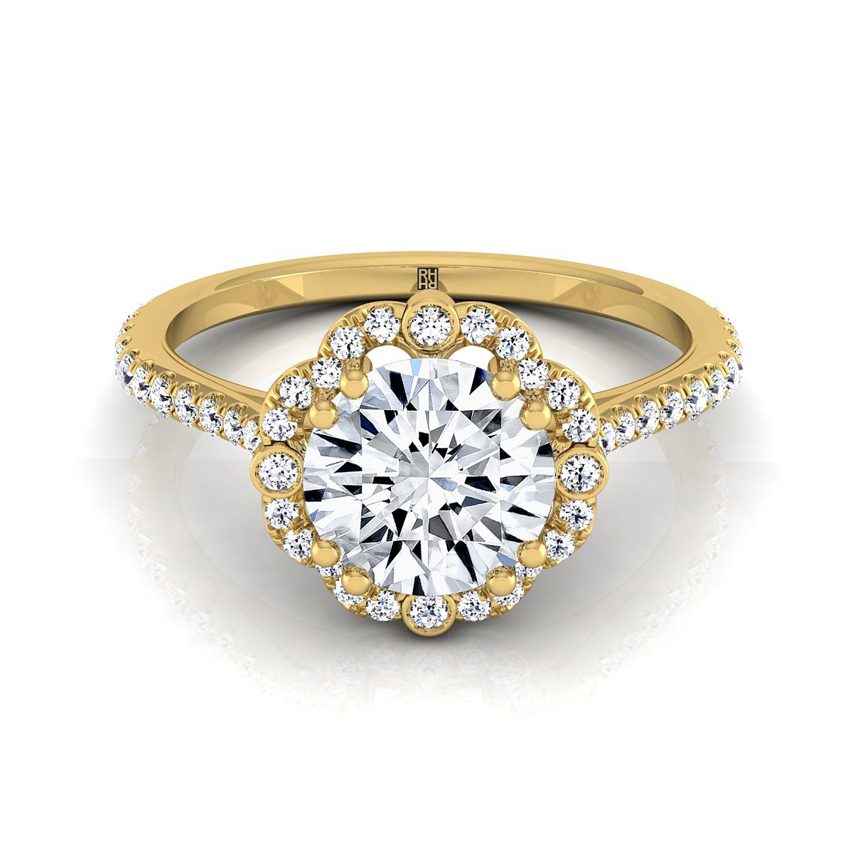 18K Yellow Gold Round Brilliant Diamond Ornate Halo Vintage Inspired Engagement Ring -1/4ctw