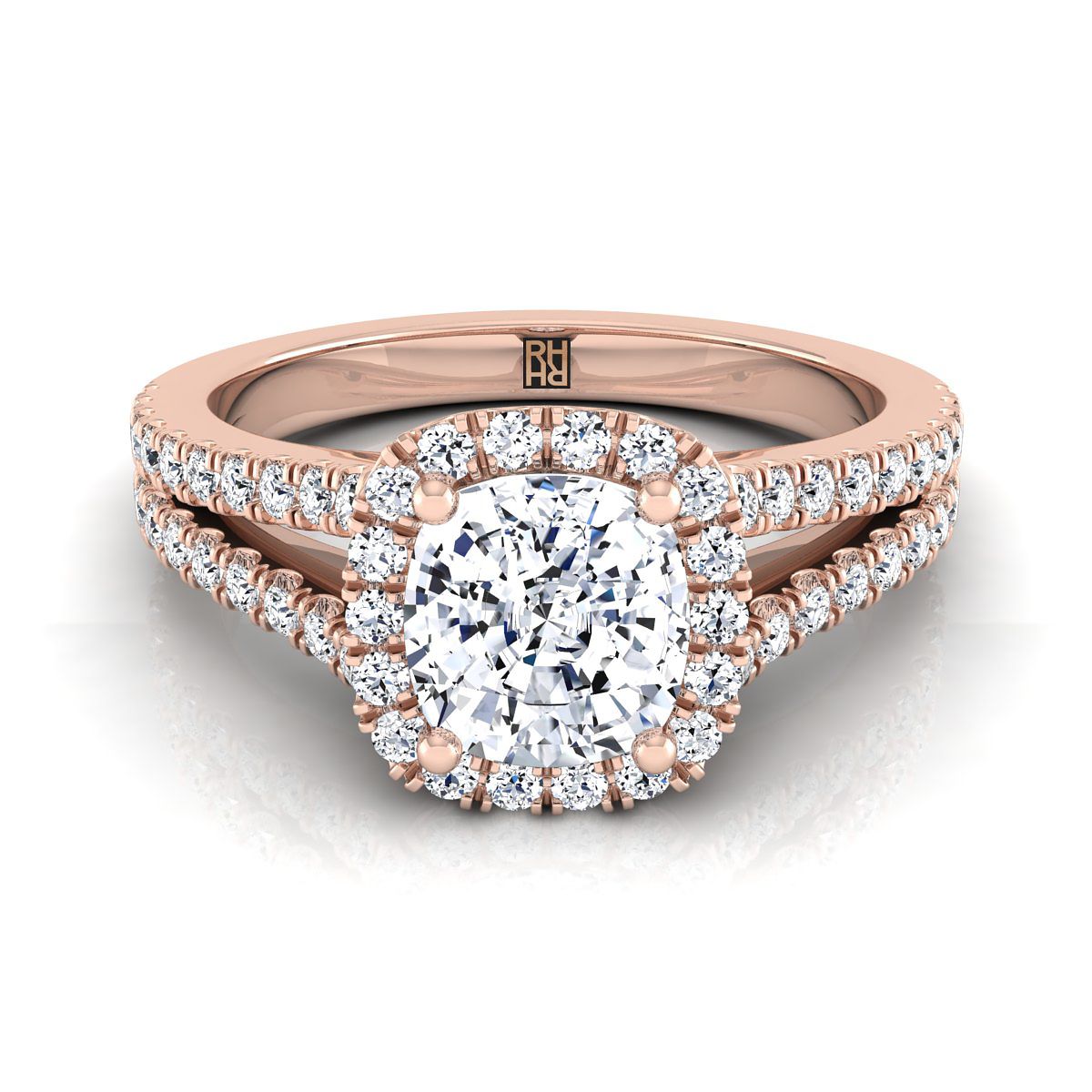 14K Rose Gold Cushion Diamond Halo Center พร้อมแหวนหมั้น French Pave Split Shank -3/8ctw