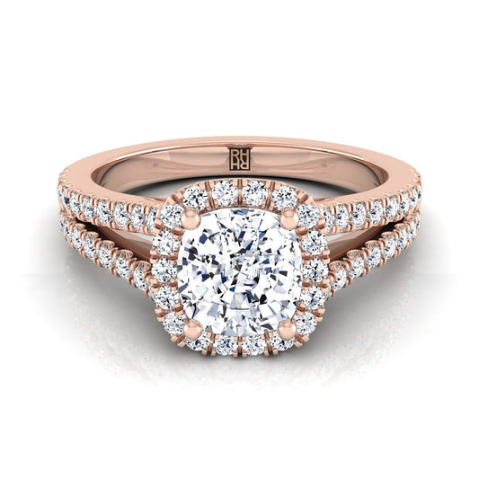 14K Rose Gold Cushion Diamond Halo Center พร้อมแหวนหมั้น French Pave Split Shank -3/8ctw