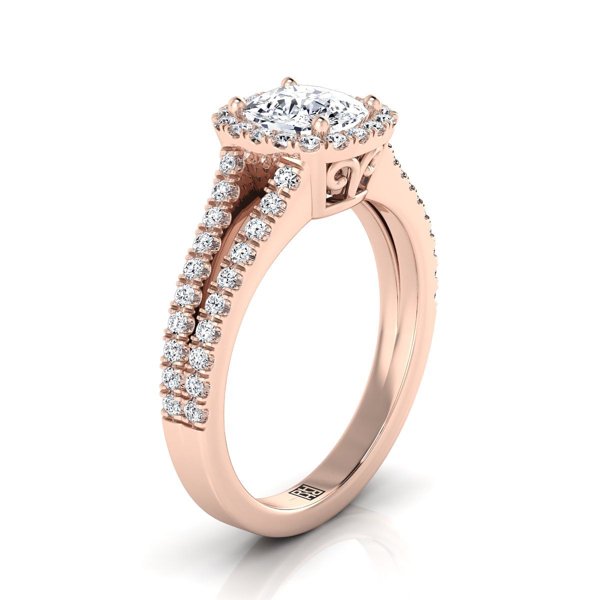 14K Rose Gold Cushion Diamond Halo Center พร้อมแหวนหมั้น French Pave Split Shank -3/8ctw