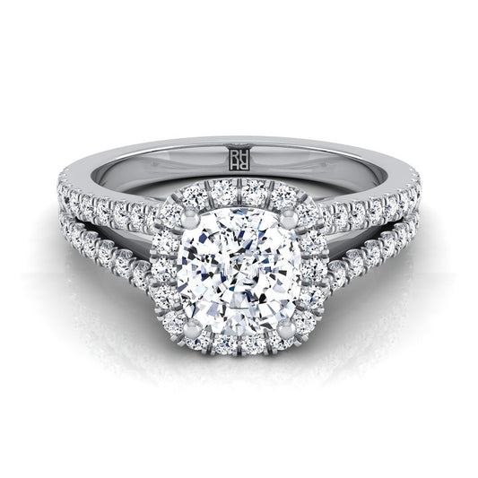 Platinum Cushion Diamond Halo Center พร้อมแหวนหมั้น French Pave Split Shank -3/8ctw