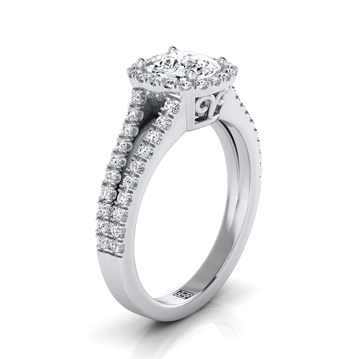 14K White Gold Cushion Diamond Halo Center with French Pave Split Shank Engagement Ring -3/8ctw