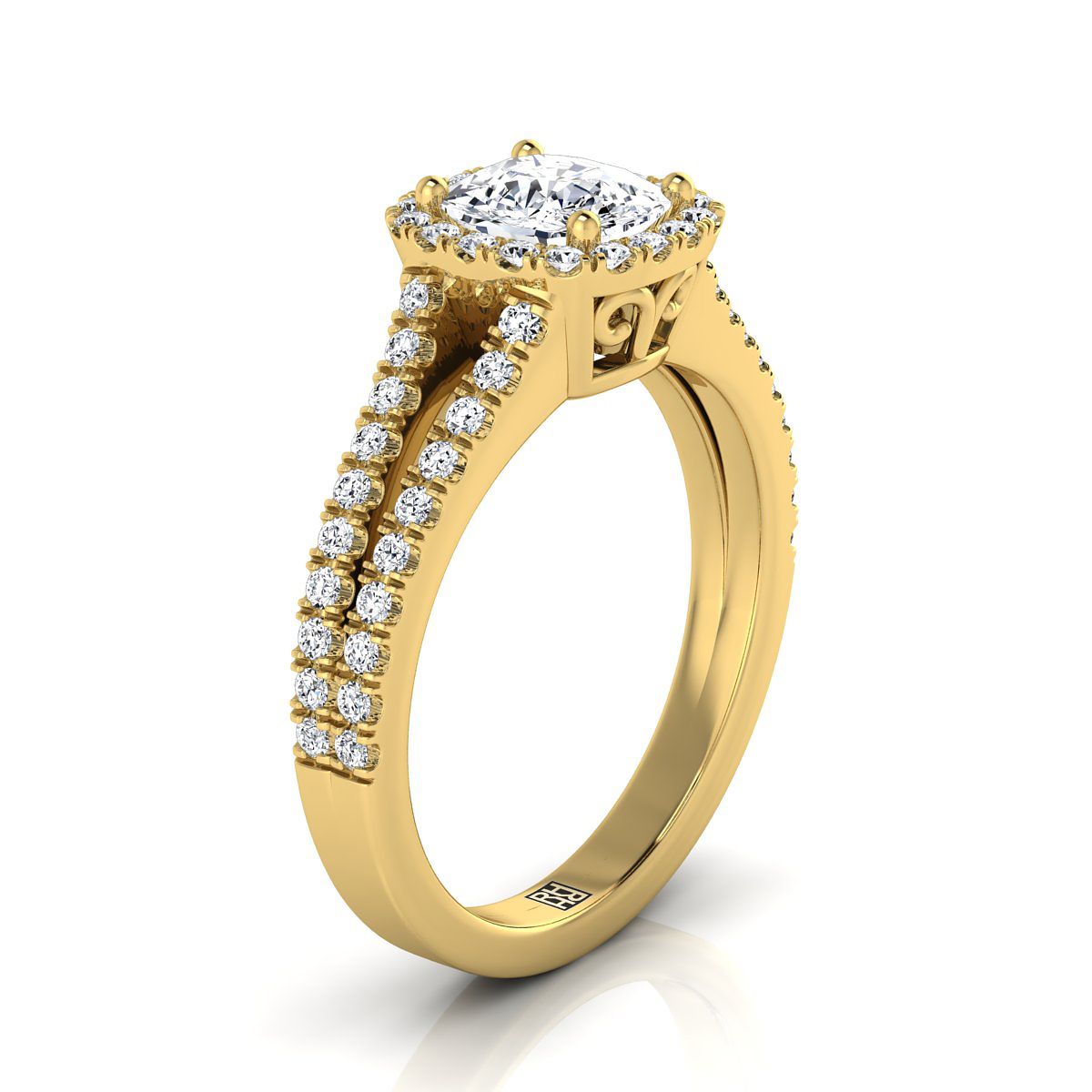 14K Yellow Gold Cushion Diamond Halo Center with French Pave Split Shank Engagement Ring -3/8ctw