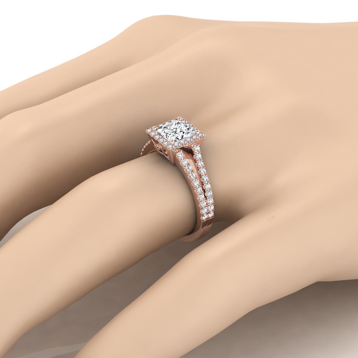 14K Rose Gold Princess Cut Diamond Halo Center with French Pave Split Shank Engagement Ring -3/8ctw