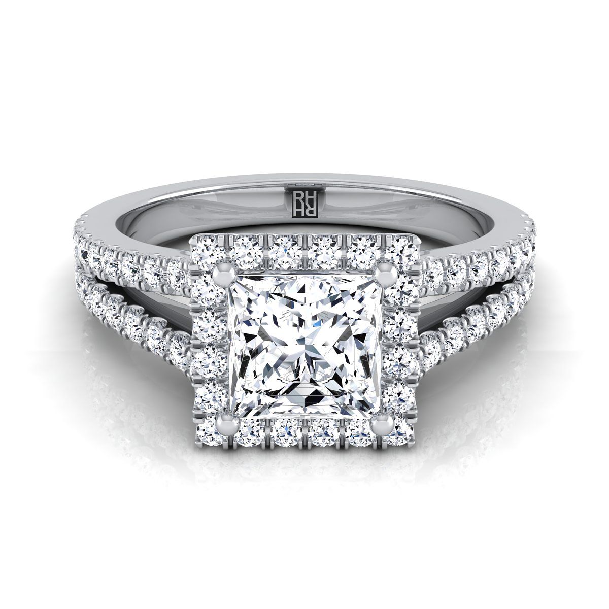 Platinum Princess Cut Diamond Halo Center พร้อมแหวนหมั้น French Pave Split Shank -3/8ctw