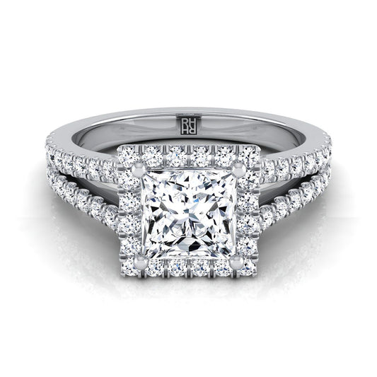 Platinum Princess Cut Diamond Halo Center with French Pave Split Shank Engagement Ring -3/8ctw