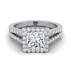 18K White Gold Princess Cut Diamond Halo Center with French Pave Split Shank Engagement Ring -3/8ctw