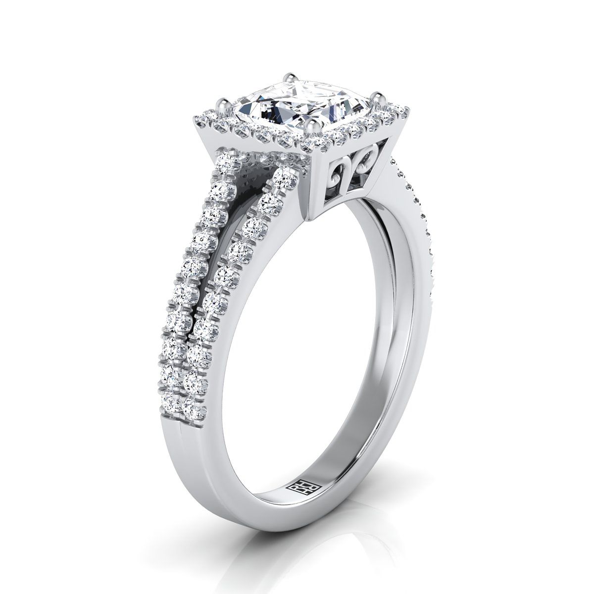 Platinum Princess Cut Diamond Halo Center พร้อมแหวนหมั้น French Pave Split Shank -3/8ctw