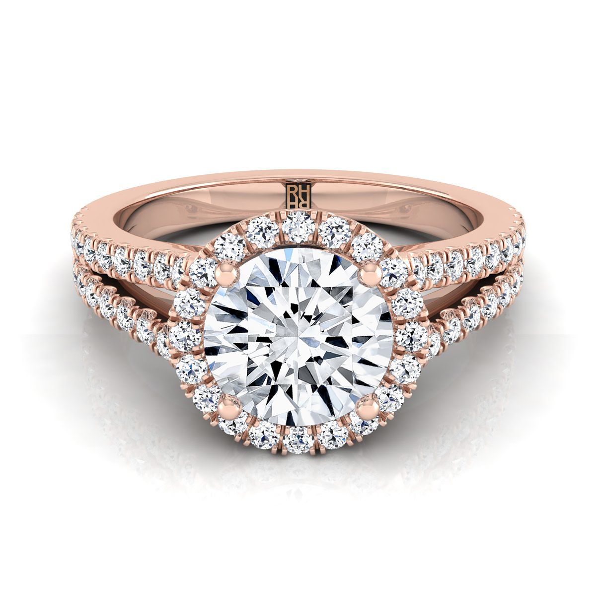 14K Rose Gold Round Brilliant Diamond Halo Center พร้อมแหวนหมั้นก้านแยกฝรั่งเศสปู -3/8ctw