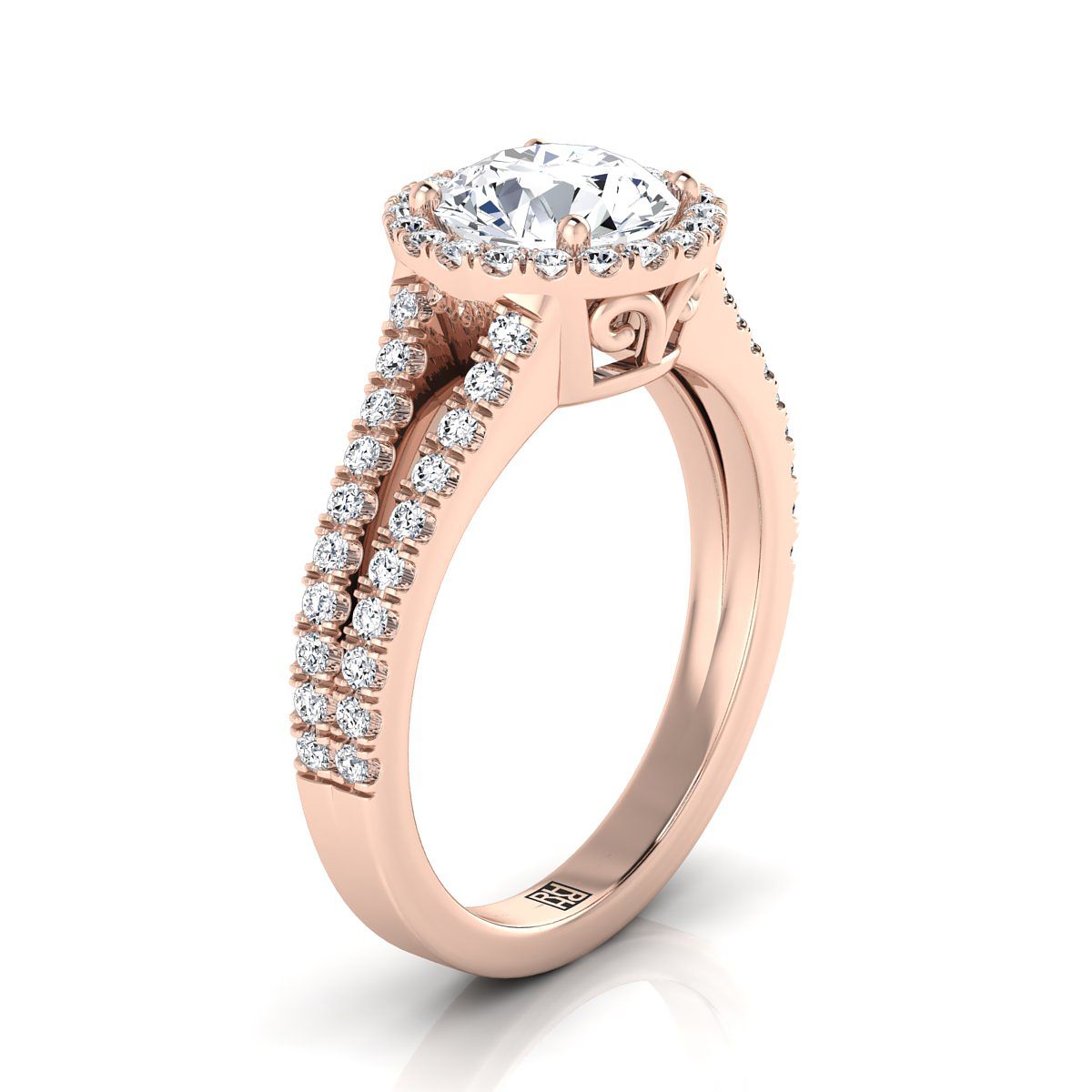 14K Rose Gold Round Brilliant Diamond Halo Center พร้อมแหวนหมั้นก้านแยกฝรั่งเศสปู -3/8ctw