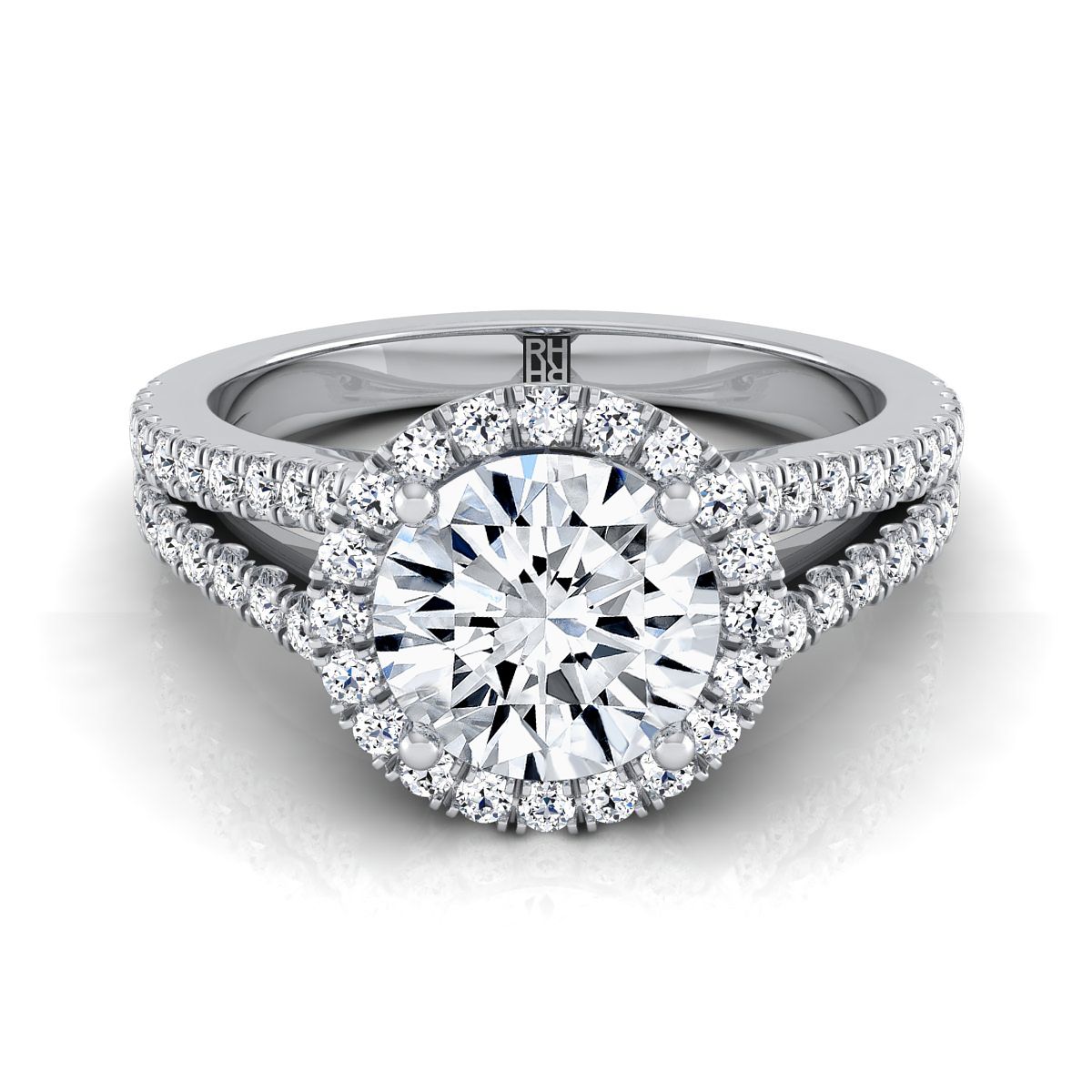 14K White Gold Round Brilliant Diamond Halo Center with French Pave Split Shank Engagement Ring -3/8ctw