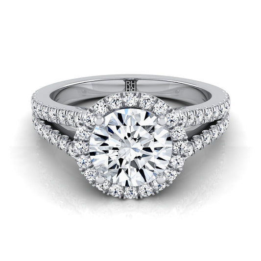 14K White Gold Round Brilliant Diamond Halo Center with French Pave Split Shank Engagement Ring -3/8ctw