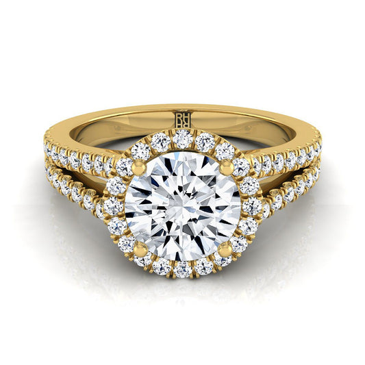 14K Yellow Gold Round Brilliant Diamond Halo Center with French Pave Split Shank Engagement Ring -3/8ctw