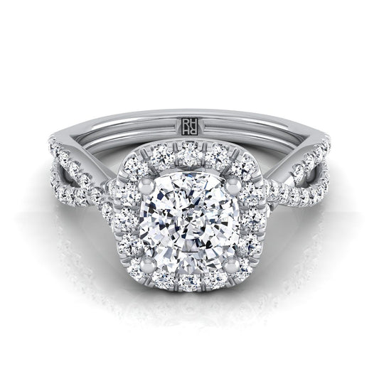 Platinum Cushion Diamond  Twisted Scalloped Pavé Halo Center Engagement Ring -1/2ctw