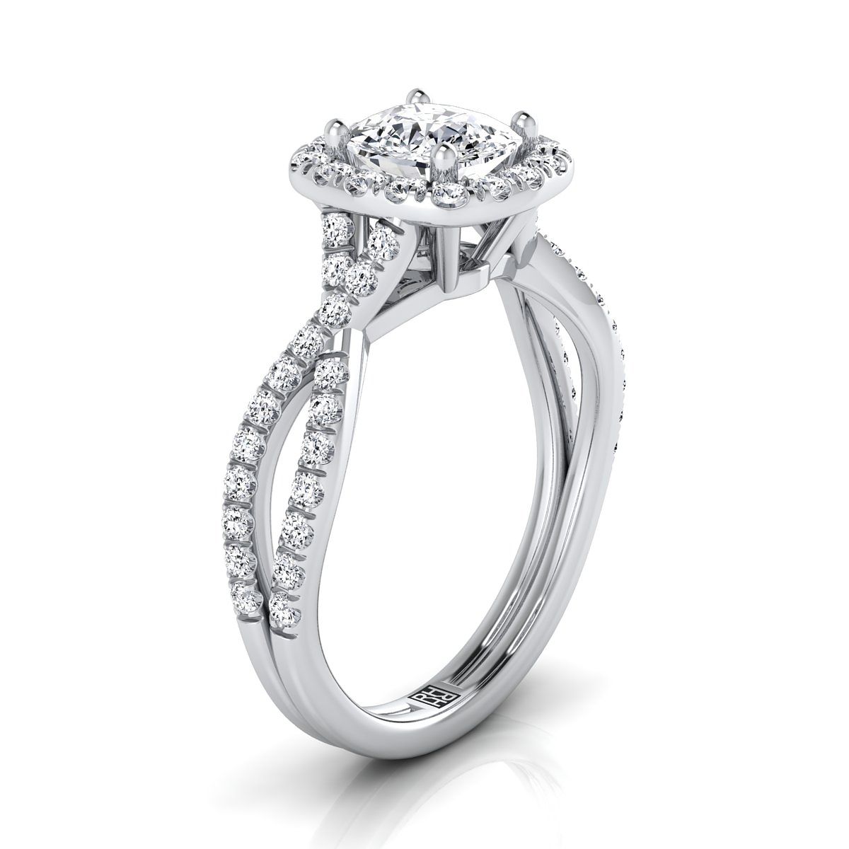 แหวนหมั้นเพชร 14K White Gold Cushion Diamond Twisted Scalloped Pavé Halo Center -1/2ctw