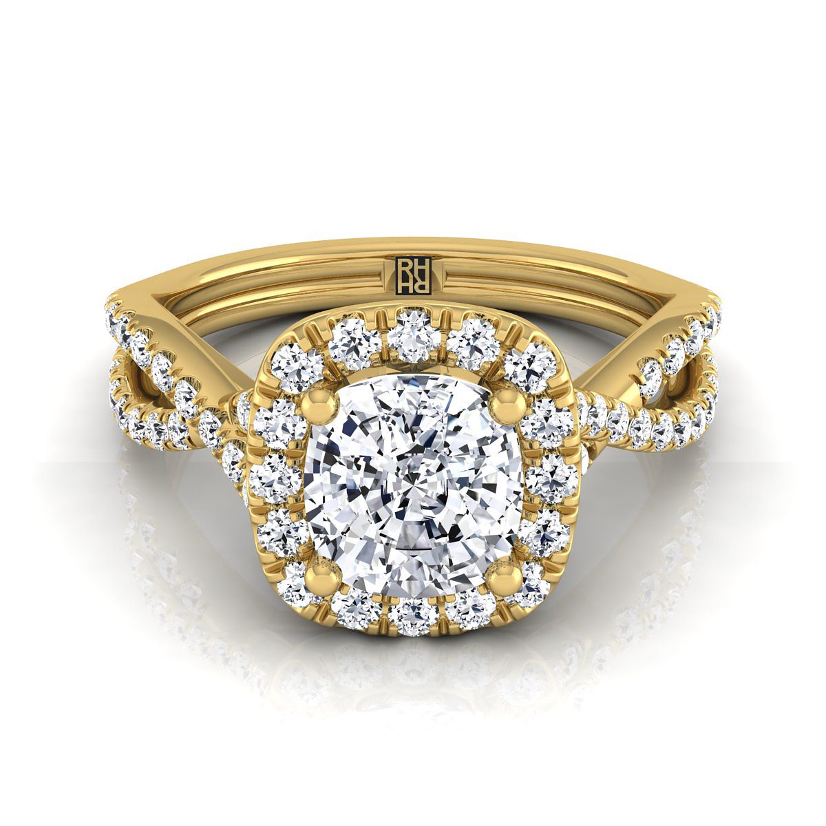 14K Yellow Gold Cushion Diamond Twisted Scalloped Pavé Halo Center Engagement Ring -1/2ctw