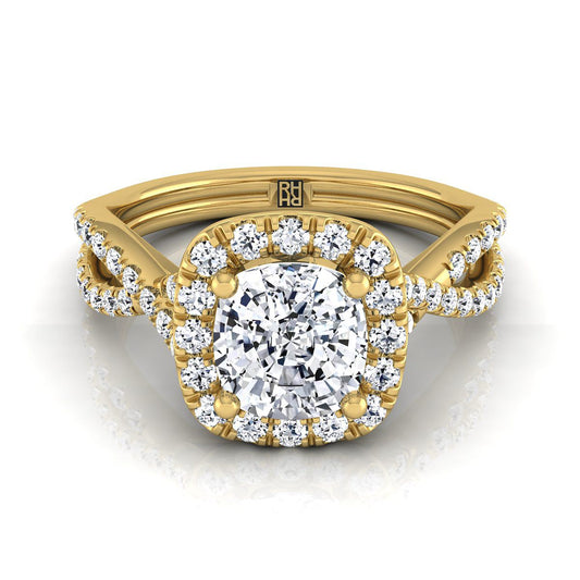 14K Yellow Gold Cushion Diamond Twisted Scalloped Pavé Halo Center Engagement Ring -1/2ctw