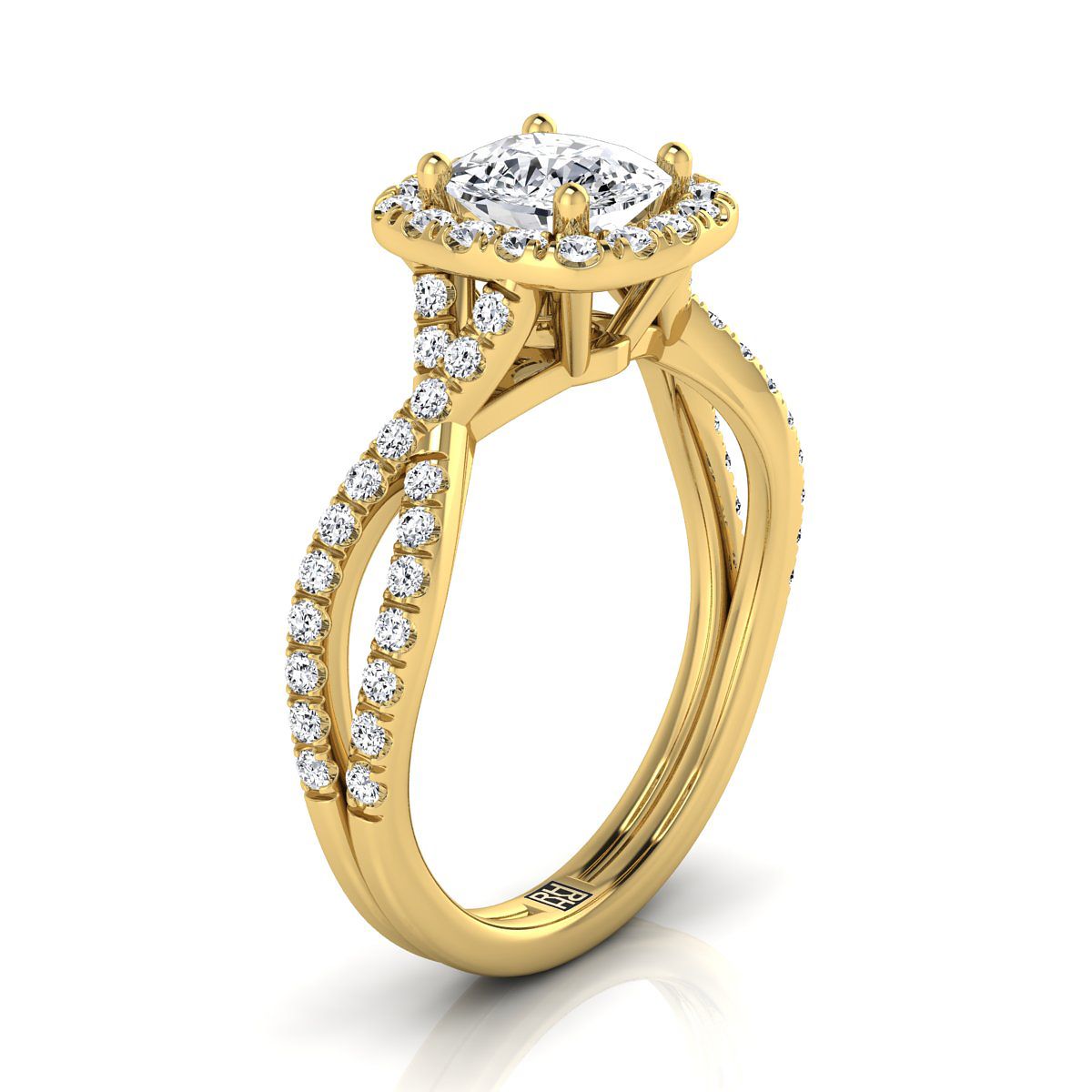 14K Yellow Gold Cushion Diamond Twisted Scalloped Pavé Halo Center Engagement Ring -1/2ctw