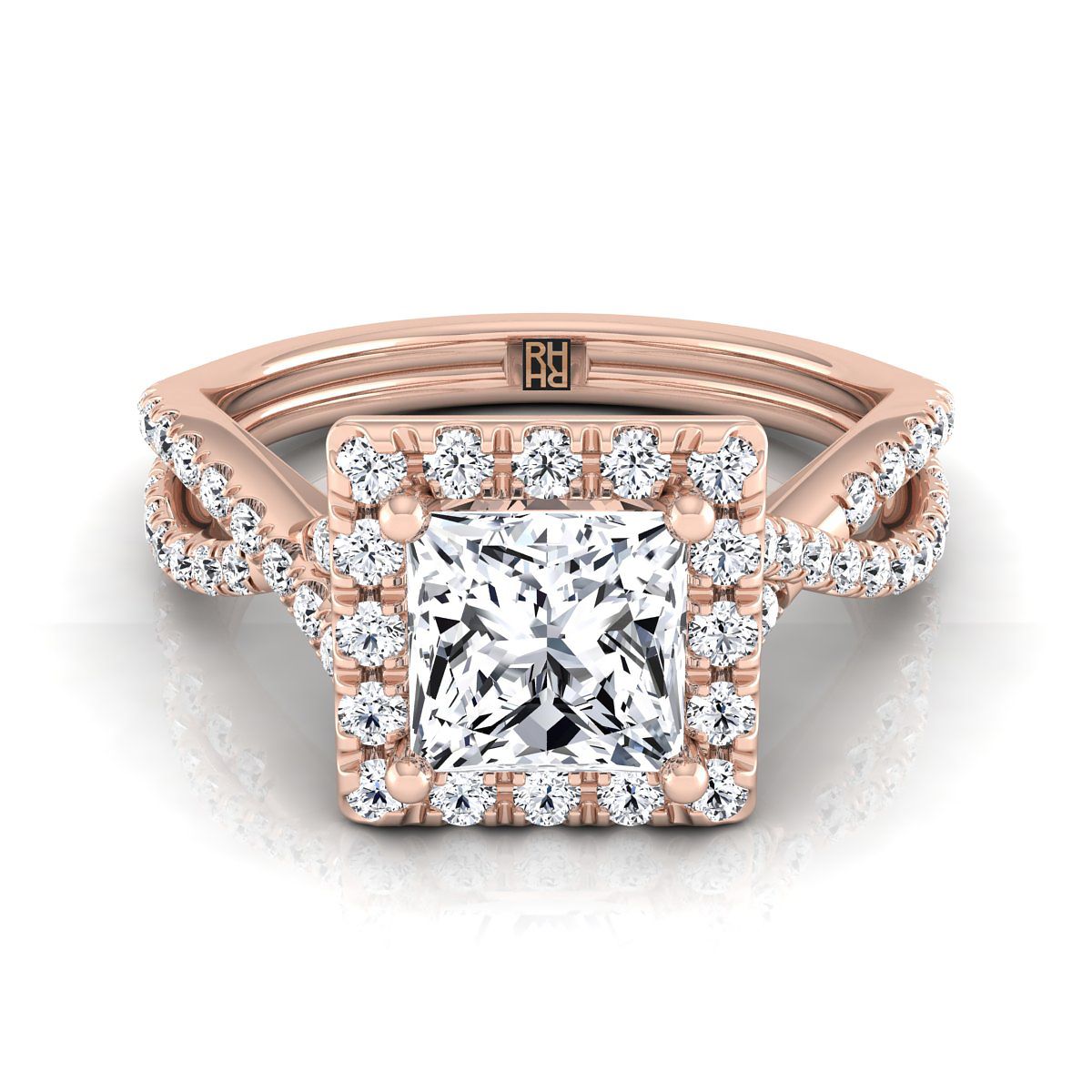 14K Rose Gold Princess Cut Diamond Twisted Scalloped Pavé Halo Center Engagement Ring -1/2ctw