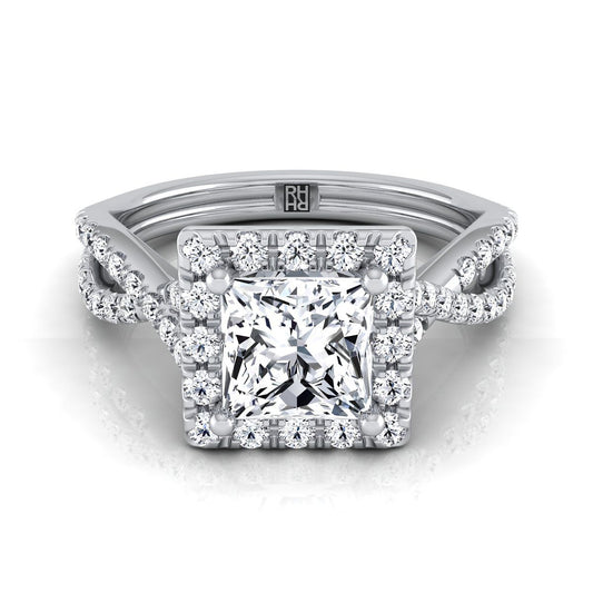 Platinum Princess Cut Diamond  Twisted Scalloped Pavé Halo Center Engagement Ring -1/2ctw