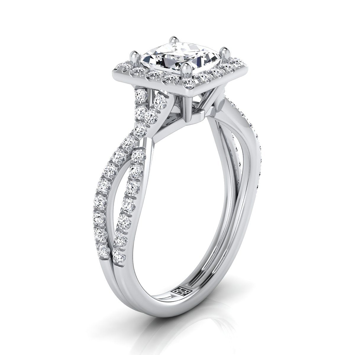 แหวนหมั้นเพชร 14K White Gold Princess Cut Twisted Scalloped Pavé Halo -1/2ctw