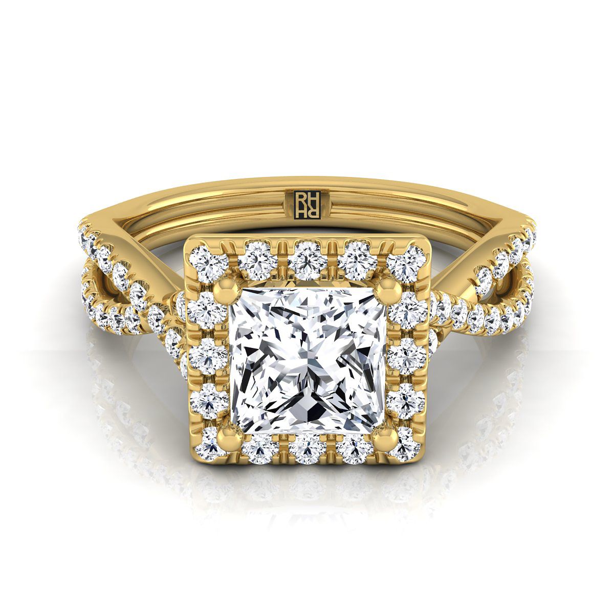 14K Yellow Gold Princess Cut Diamond  Twisted Scalloped Pavé Halo Center Engagement Ring -1/2ctw