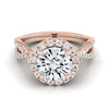 14K Rose Gold Round Brilliant Diamond Twisted Scalloped Pavé Halo Center แหวนหมั้น -1/2ctw