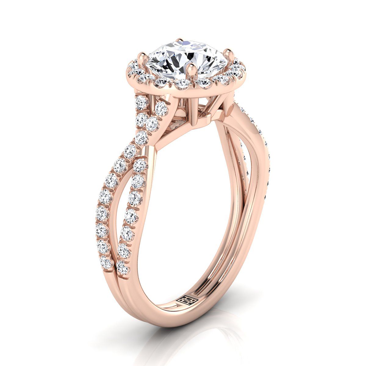 14K Rose Gold Round Brilliant Diamond Twisted Scalloped Pavé Halo Center แหวนหมั้น -1/2ctw