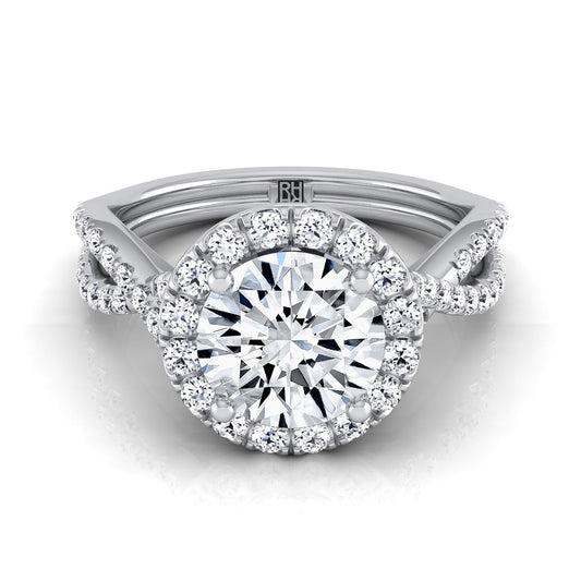 Platinum Round Brilliant Diamond  Twisted Scalloped Pavé Halo Center Engagement Ring -1/2ctw